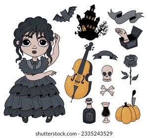 Gothic Halloween cute collection. Fantasy Dancing girl, spooky house with bat, cello, rum, skull and crossbones, pumpkin and hand thing. Vector illustration. Isolated colored drawn for festive design