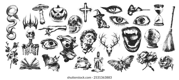 Elementos de diseño góticos de Halloween para collage con textura de semitono de fotocopia. Efecto vintage grunge punteado en corona, estatua, esqueleto, ojos, gato, flor. Ilustración vectorial surrealista mística punteada