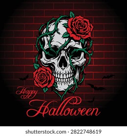 Gothic Halloween illustration featuring a human skull entwined with thorny vines and red roses on a dark brick wall, perfect for spooky posters, greeting cards, and horror designs.