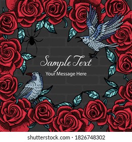 Gothic Halloween Red Roses and Ravens Vector Frame Background