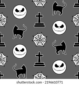 Gothic Halloween seamless pattern made up of cats, graves, scary faces and web. Holiday endless pattern for printing on package, wrappers, envelopes, paper, cards or cloth. 