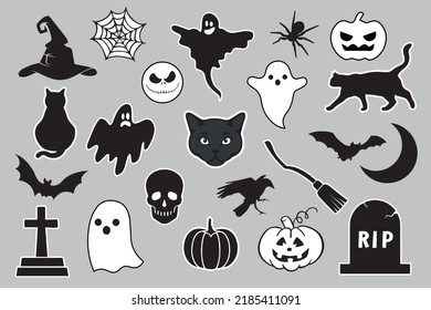 Gothic halloween sticker pack made up of pumpkins, bats, cats, crow, skull, ghosts, graves, spider, web and broom. Different holiday stickers as prints, patterns for graphic or fashion design.