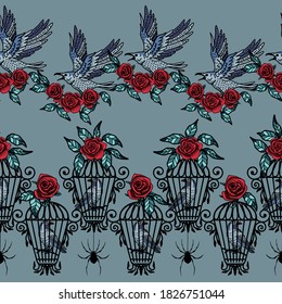 Gothic Halloween Vector Seamless Horizontal Borders Set