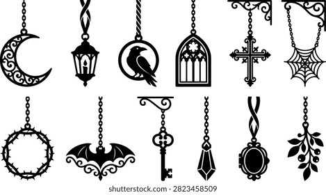 Gothic hanging ornaments vector silhouettes set. Spooky witchy pendants featuring crescent moon, lantern, raven, gothic window, cross, spiderweb, bat, key, crystal, locket, and mistletoe isolated on white background.
