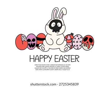 Gótico Feliz Páscoa cartão com coelho assustador usando uma máscara de crânio e ovos decorados assustadores. Ilustração de Páscoa bonito assustador com um personagem de coelho crânio e ovos festivos escuros em rosa e vermelho.