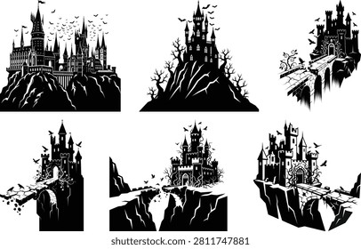 Gothic haunted castle silhouettes, spooky medieval fortress vector set, dark fantasy palace icons with bats and cliffs for Halloween design