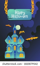 Gothic haunted house on a dark background. Bats fly against the background of the full moon. Scary halloween party card.