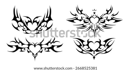 Gothic heart frame designs with tribal wings - black ornamental silhouettes for tattoo art, decorative borders with spiky elements, dark romantic vector graphics for mystical themed projects.