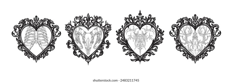 Conjunto de marco de corazón gótico, borde barroco, Vector vintage oscuro clásico antiguo ornamento, remolino floral. Tatuaje místico de amor victoriano, elegante decoración mágica con espacio de copia. Kit de marco gótico de Halloween