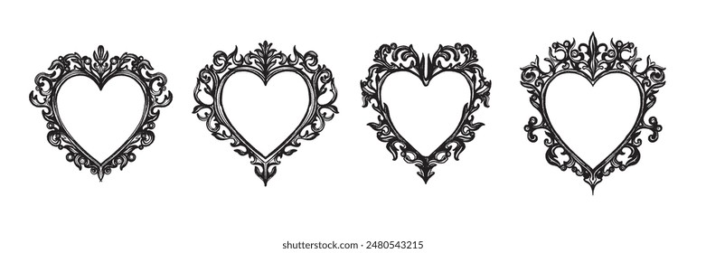 Gothic heart frame set, vector vintage baroque border, dark classic antique ornament, floral swirl. Victorian love mystic tattoo, elegant magic decoration with copy space. Halloween gothic frame kit