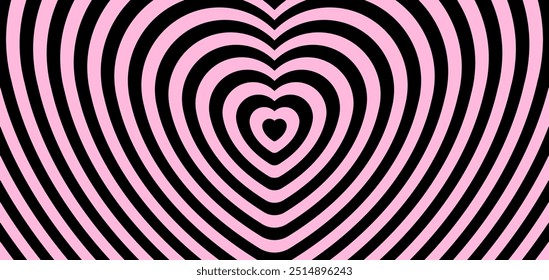 Gothic heart tunnel background. Groovy cover with hypnotic effect, love wallpaper in pink and black colors. Vector illustration