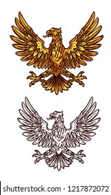 Gothic heraldic eagle sketch icon of golden griffin with beak, spread wings and claws. Vector vintage royal or monarchy gryphon vulture mystic bird silhouette for emblem, shield or coat of arms symbol