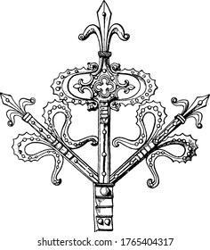 The gothic hinge, found on a church door in Viersen, Germany, is an extended strap hinge that is made of wrought metal-work, vintage line drawing or engraving illustration.