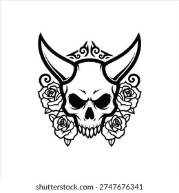 Gothic Horned Demon Skull Rose Tattoo Vector Illustration.