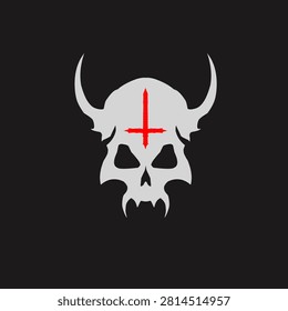 Gothic horned skull with inverted cross. Abstract death metal demon skull vector design 