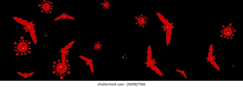 Gothic Horror Scary Party Fear Design Pic. Virus Creepy Faces Cartoon Funny Bats. Epidemic Spooky Dracula Corona Vampire Halloween Illustration. Black Mysterious Covid Red Vaccination Backdrop.