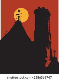 
Gothic house silhouette with moon and chimney stack