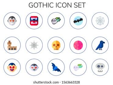 gothic icon set. 15 flat gothic icons.  Collection Of - dracula, charles bridge, fangs, spider web, skull, bat, pentacle, crow, vampire icons