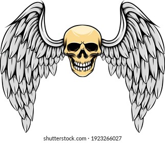 The gothic illustration of the dead skull with the big feather wings