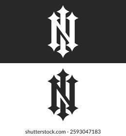 Gothic initials IN or NI letters monogram logo with sharp peaks geometric black and white serif font design, combination two letters N and I together for identity logotype, business or wedding cards.