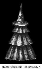 Ein gothisch gefärbter Weihnachtsbaum mit einem spitzen Hut im Lederstil, der die Magie der Winterferien symbolisiert; eine dunkle Stimmung noir-stilisierte Vektorgrafik auf schwarzem Hintergrund.