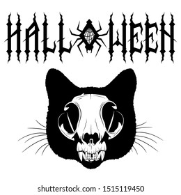Gothic inscription Halloween with spider and cobweb. Cat skull. Samhain design, isolated on white, vector illustration