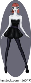 Gothic Lady in  Black Dress - Redhead goth Girl with Big Blue  Eyes And Short Bang Hair - Vector 