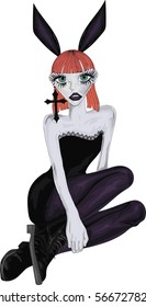 Gothic Lady in  Black Dress - Redhead goth Girl with Big Blue  Eyes And Short Bang Hair - Vector art