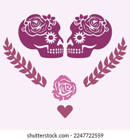 Gothic lesbian valentines day skull vector illustration in viva magenta. Tattoo style block print of vintage romance skeleton. 