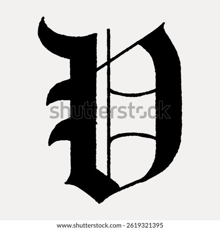 Gothic letter 'D' in black, ornate and stylized. Gothic style emphasizes medieval design. The letter 'D' stands out in bold, black Gothic typography. Vintage font isolated vector.