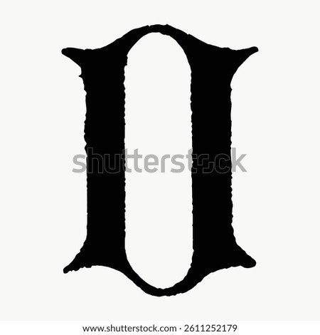 Gothic letter 'O' in black with textured edges on a light background. Gothic style emphasizes dark, medieval aesthetics. The letter 'O' stands out prominently. Vintage font isolated vector.