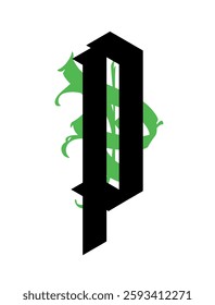 Gothic, letter P. Vector. Graffiti, tags in Gothic medieval style. Signs and symbols for tattoos. Calligraphy, lettering and tags. Sharp and aggressive letters for a monogram.