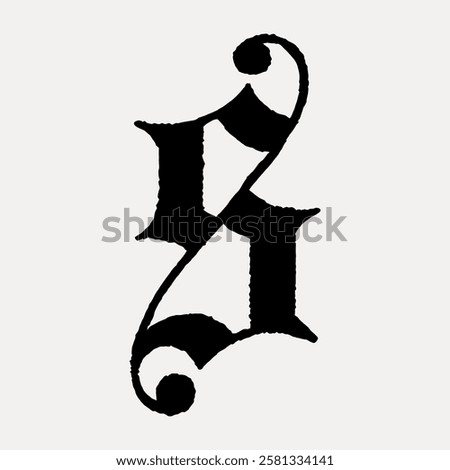 Gothic letter 'S' in black, ornate and stylized. Gothic font with intricate design. Gothic style, bold and decorative. Gothic typography with artistic flair. Vintage black font isolated, vector.