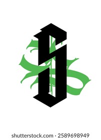 Gothic, letter S. Vector. Graffiti, tags in Gothic medieval style. Signs and symbols for tattoos. Calligraphy, lettering and tags. Sharp and aggressive letters for a monogram.