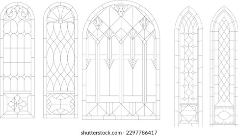 Gothic line art stained glass windows flat item set. Gothic windows. Vintage frames. Church stained-glass windows