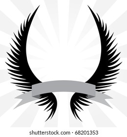 Gothic looking angel wings crest with a banner ribbon logo isolated over a silver rays background.