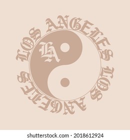 Gothic Los Angeles L.A slogan print with ancient font text and ying yang symbol for man and woman tee t shirt or sweatshirt print design