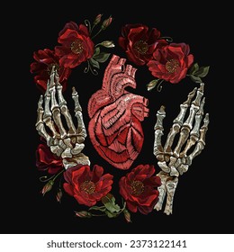 Gothic love concept. Embroidery. Romantic floral dark medieaval background. Template for clothes, textiles, t-shirt design. Skeleton hands, anatomical heart and wild red roses