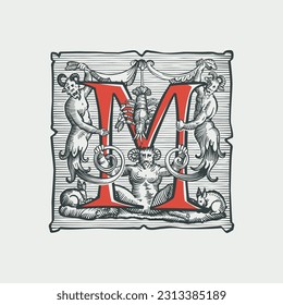 Logo des gotischen M-Briefes. mittelalterliches Tropfen. Teufel, Hexen und Geister in der Hölle. Gravierende Schraffurgrafik. Germanische Schriftart für Bezauberungsetiketten, heidnische Musik, schwarze Magie-Plakate, Tränenverpackungen.