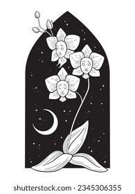 Gothic magic orchid flowers with faces over night sky with crescent moon hand drawn line art gothic tattoo design isolated vector illustration