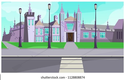 Gothic mansion on city street vector illustration. Old gray stone building with tall towers near road. Castle illustration