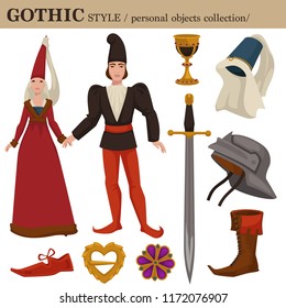 Gothic Medieval 14 century European old retro fashion style of man and woman clothes garments and personal accessories.