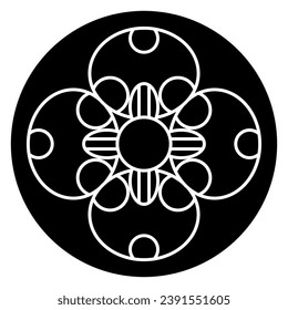 Gothic medieval geometrical ornament. Four petal cross shape flower in a circle. Black and white silhouette.