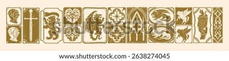 Gothic medieval heraldic print, vector hand drawn linocut fantasy royal ornamental illustration. Magic fairy tale frame vintage knight symbol, European folklore beast dragon silhouette. Medieval print