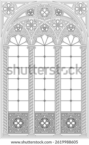 Gothic medieval stained glass window. Background or texture. Architectural element. Medieval Gothic stained glass cathedral window