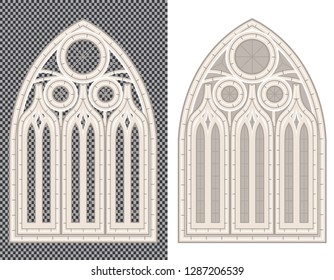 Gothic Medieval Stone Window on White and Transparent Background. Vector Illustration.