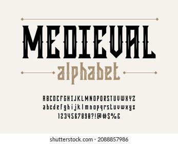 Gothic medieval style alphabet design with uppercase, lowercase, numbers and symbols