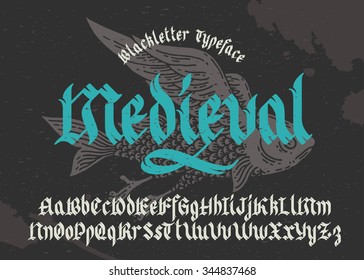 Gothic Medieval Typeface. Black-letter Fracture Font With Flying Fish Illustration.