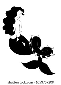 Gothic mermaid with spiky snake tail. Vector outline black and white drawing image.