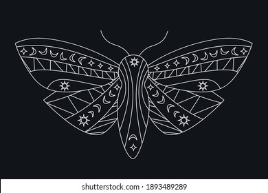 Gothic Moth silhouette in outline style. Beauty night Butterfly. Abstract vector illustration isolated on black background in modern tattoo style